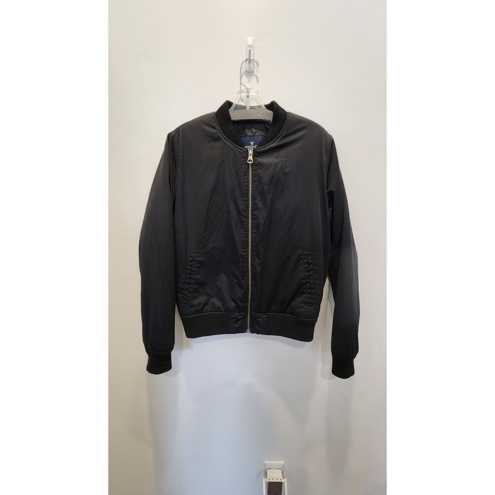 American Eagle Women's Black Satin Bomber Jacket - Size Medium